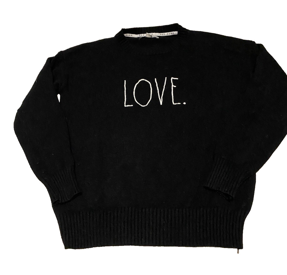 Rae Dunn Womens Black Knit Love Sweater Size Medium Crewneck Pullover
